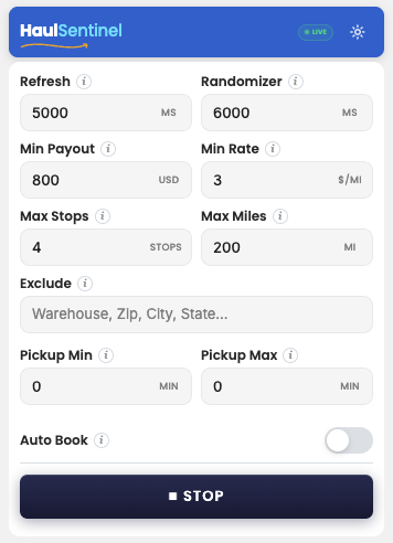 HaulSentinel popup scanning live with STOP button visible