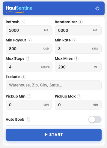 HaulSentinel popup with filters set and START button ready